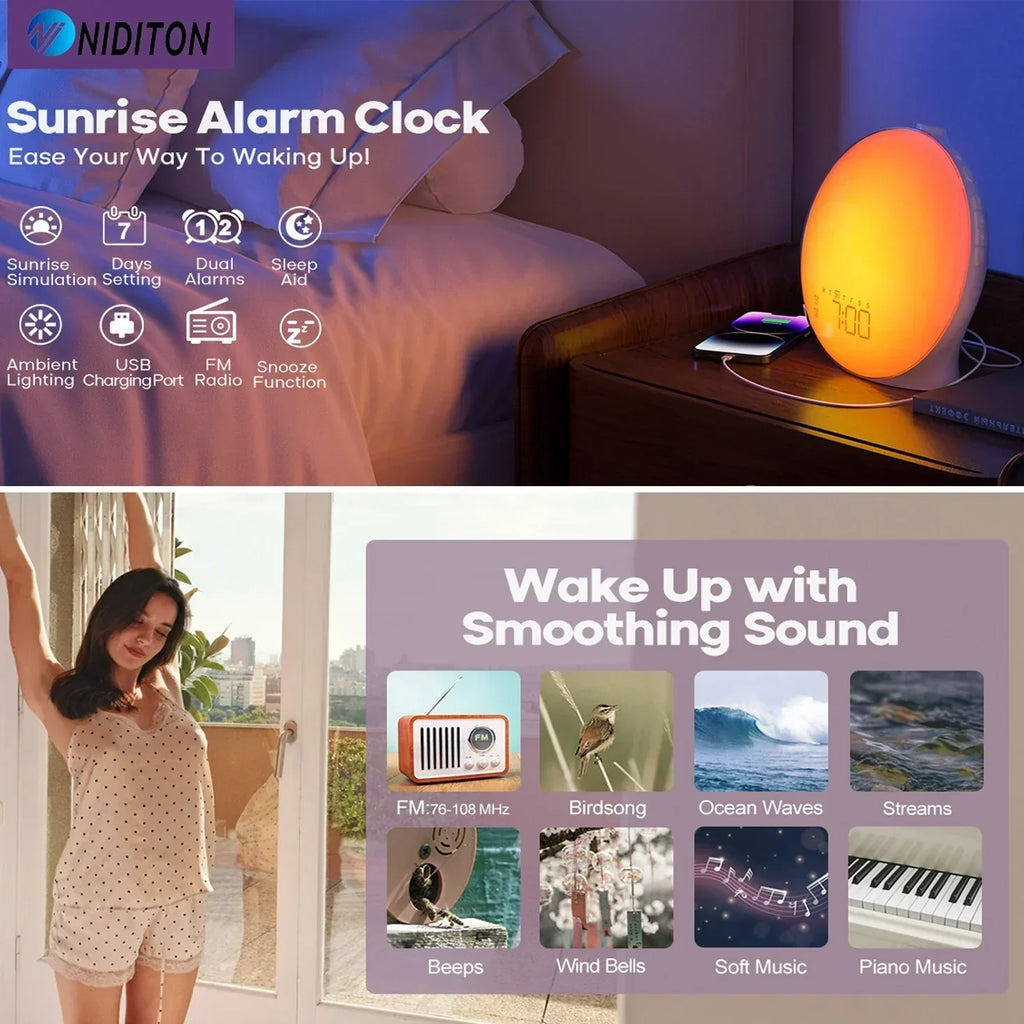 Sunrise Alarm Clock with FM Radio, Dual Alarm Clock, Night Light and 15 Color Options – Wake Up Light for Gentle Mornings