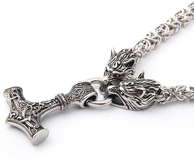 Viking Thor Hammer Necklace with Wolf Heads