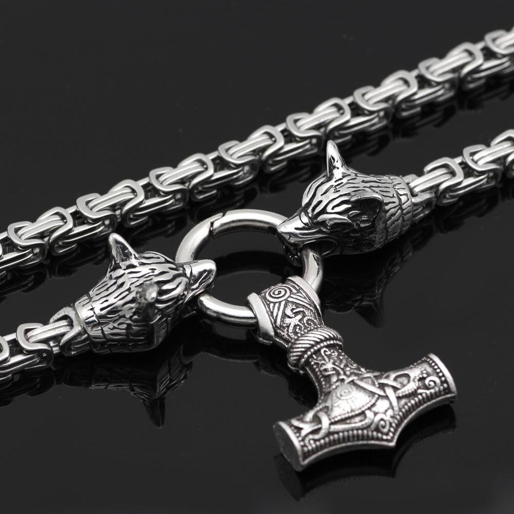 Viking Thor Hammer Necklace with Wolf Heads