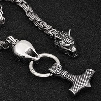 Viking Thor Hammer Necklace with Wolf Heads