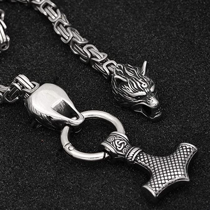 Viking Thor Hammer Necklace with Wolf Heads