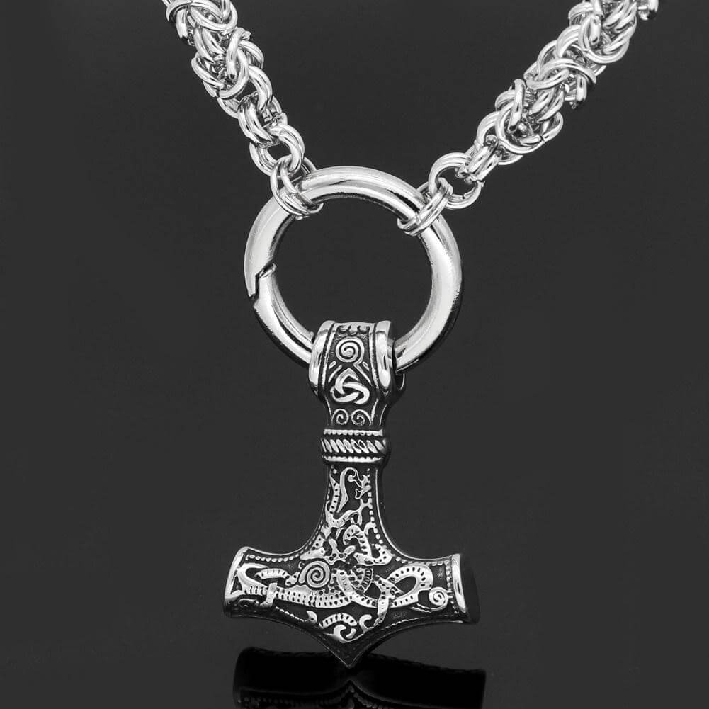 Viking Thor Hammer Necklace with Wolf Heads