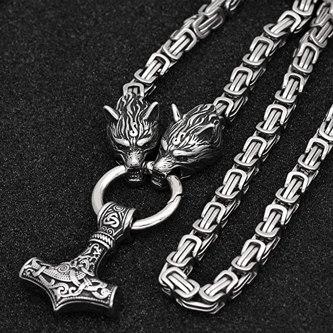 Viking Thor Hammer Necklace with Wolf Heads