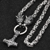 Viking Thor Hammer Necklace with Wolf Heads