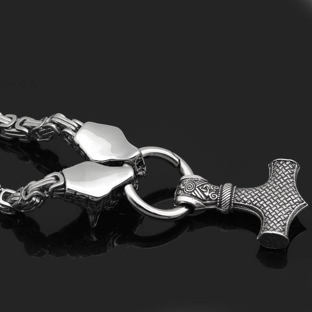 Viking Thor Hammer Necklace with Wolf Heads