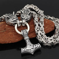 Viking Thor Hammer Necklace with Wolf Heads