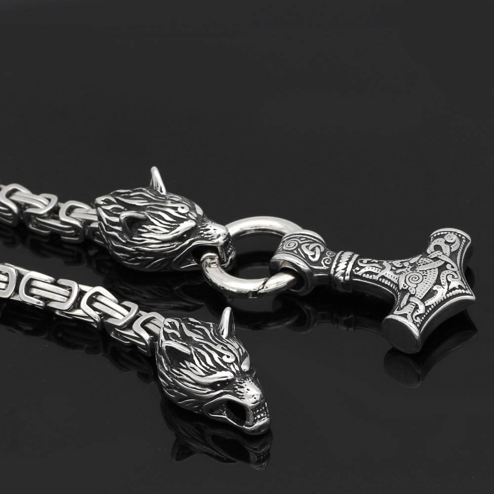 Viking Thor Hammer Necklace with Wolf Heads