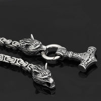 Viking Thor Hammer Necklace with Wolf Heads