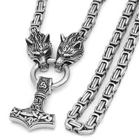 Viking Thor Hammer Necklace with Wolf Heads